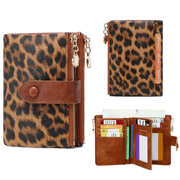 A brown leopard print women's wallet with a leather flap and zipper, shown next to a stack of cards.