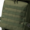 Olive green tactical backpack featuring multiple webbing straps and a top closure.