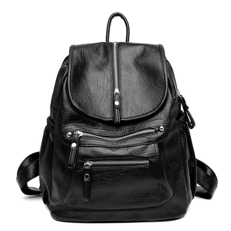 Black vintage soft leather backpack for women with a zipper closure