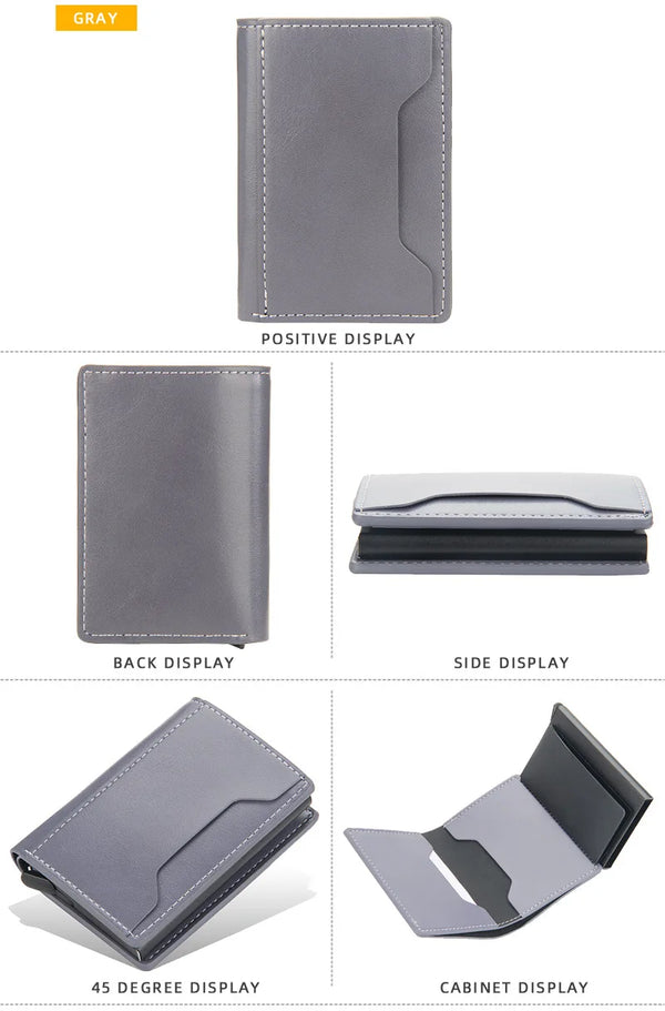 A gray slim PU leather RFID men's wallet shown in various display angles including positive, back, side, 45 degree, and cabin