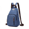 A dark blue canvas backpack with brown straps and a silver buckle detail.