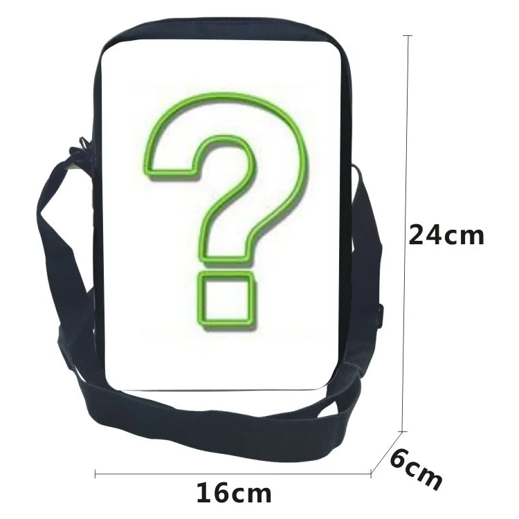 A green question mark graphic on a black backpack set for kids.