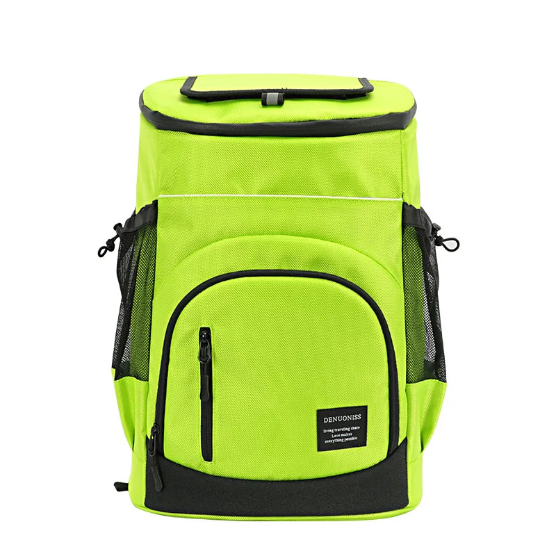 A bright lime green insulated thermal cooler backpack with black accents.