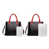 Sac bandoulière en cuir PU noir avec poignées rouges et porte-cartes blanc.