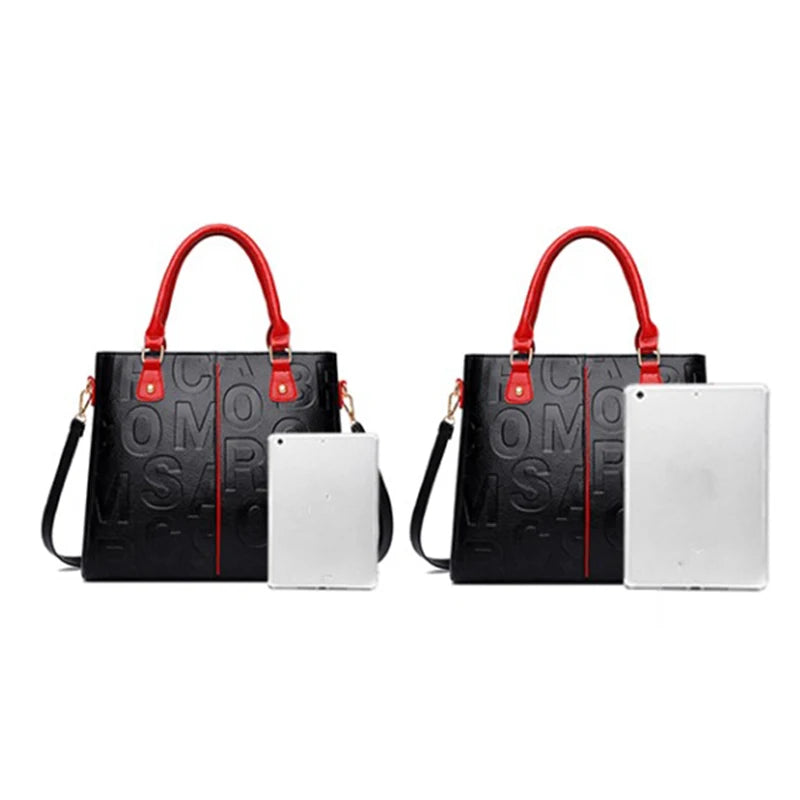 Sac bandoulière en cuir PU noir avec poignées rouges et porte-cartes blanc.
