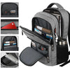 A gray business travel laptop backpack shown with various compartments and accessories.
