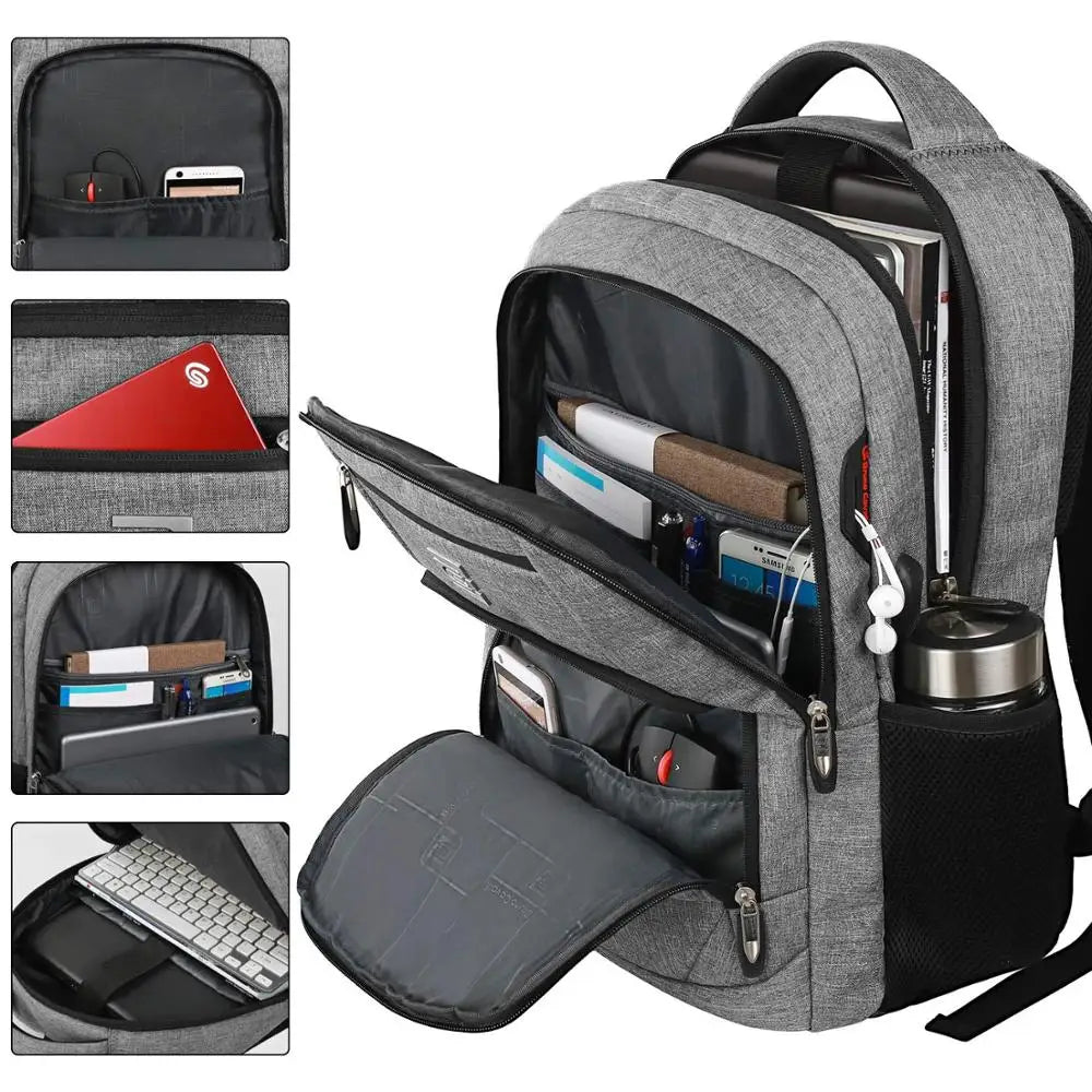 A gray business travel laptop backpack shown with various compartments and accessories.