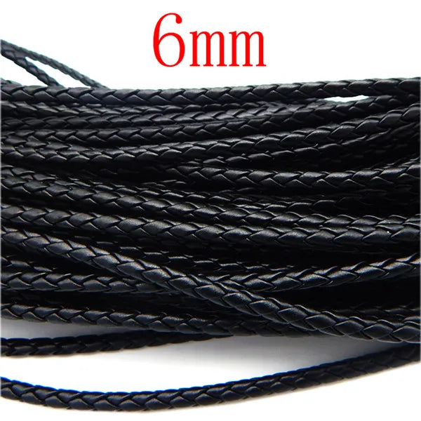 Black braided leather cord with a 6mm diameter for jewelry making