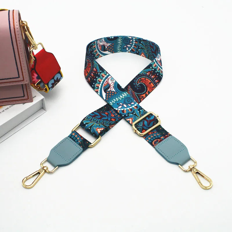 Sangle réglable à l'épaule turquoise et marine à motif avec quincaillerie dorée pour sacoche.