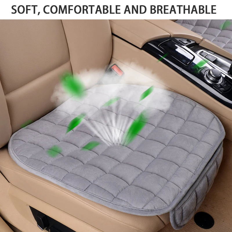 A gray quilted car seat cover is shown placed in a car seat, emphasizing its soft and breathable features.