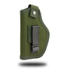 Olive green universal IWB concealment holster with a metal belt clip