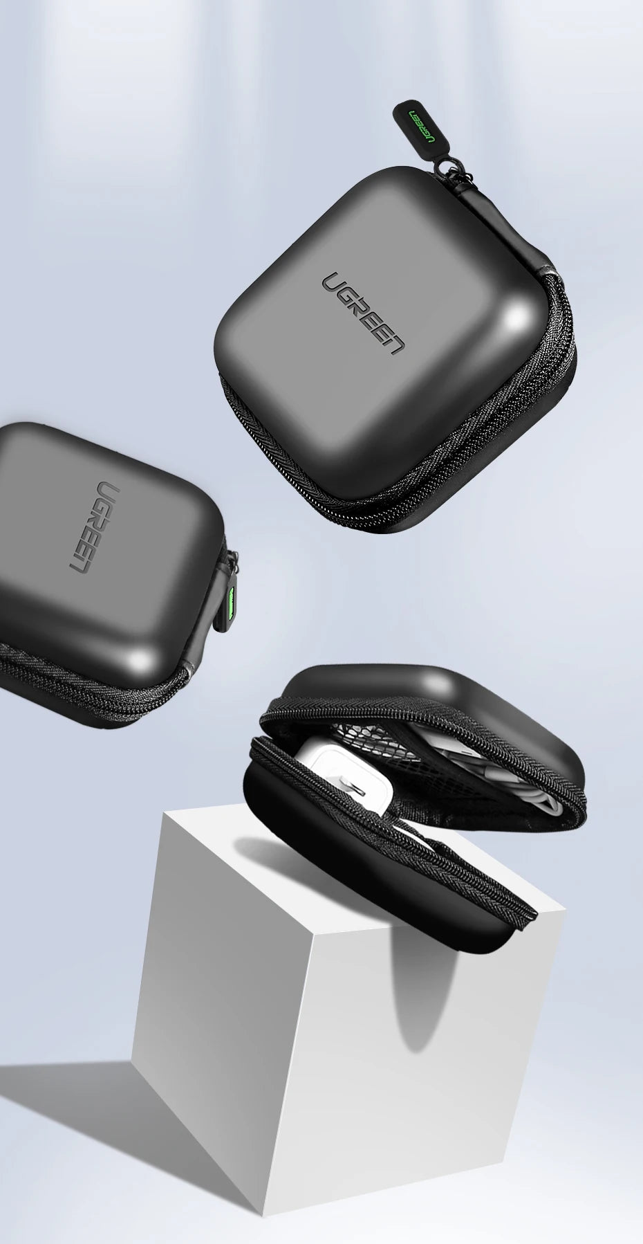 Estuche de almacenamiento negro UGREEN para AirPods y accesorios, visto desde varios ángulos.