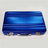 A sleek, metallic blue aluminum case designed to hold credit cards and identification.