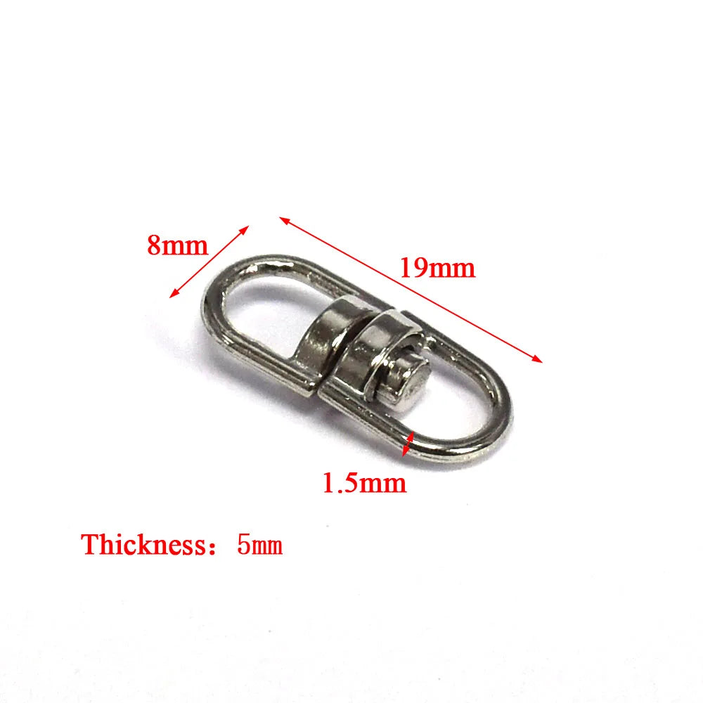 Silver swivel keychain hook with a 19mm opening and 8mm width, featuring a 5mm thickness.