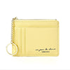 A pale yellow compact PU leather zip wallet with a gold chain keychain.
