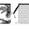 Bolsa de almacenamiento cosmético negra con estampado de hoja de palma, vista lateral y superior.