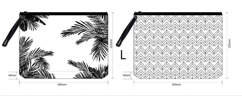 Bolsa de almacenamiento cosmético negra con estampado de hoja de palma, vista lateral y superior.