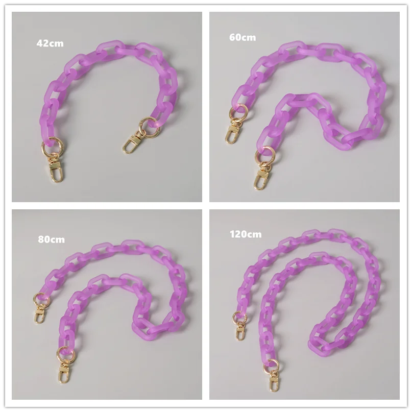 Pink silicone adjustable chain shoulder bag shown in various lengths: 42cm, 60cm, 80cm, and 120cm.