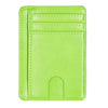 A lime green slim leather card holder wallet with stitched lines and a cutout for cards.