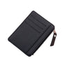 Black PU leather card holder wallet with a brown keychain attached.