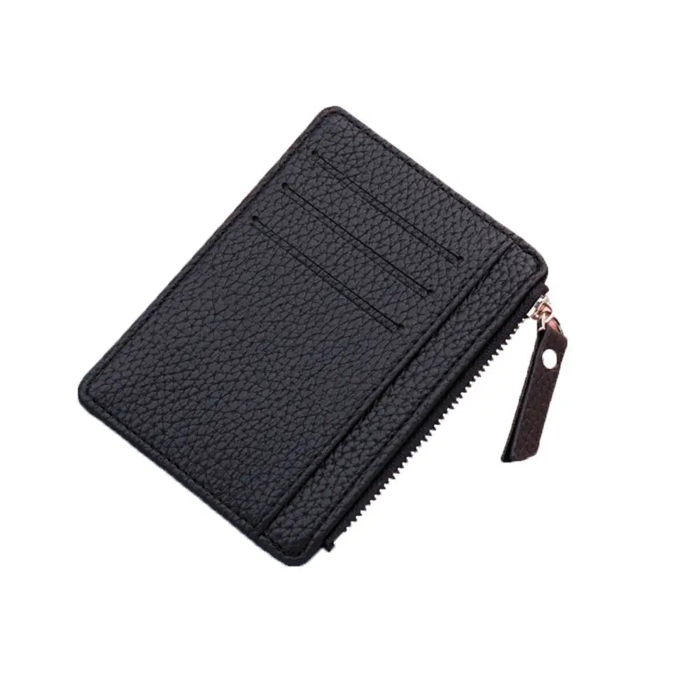 Black PU leather card holder wallet with a brown keychain attached.