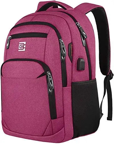 A magenta business travel laptop backpack with black trim and straps.