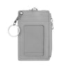 A gray PU leather card holder wallet with a keychain attached.