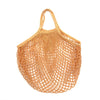 A woven, light brown organic cotton mesh grocery tote bag with a drawstring top.
