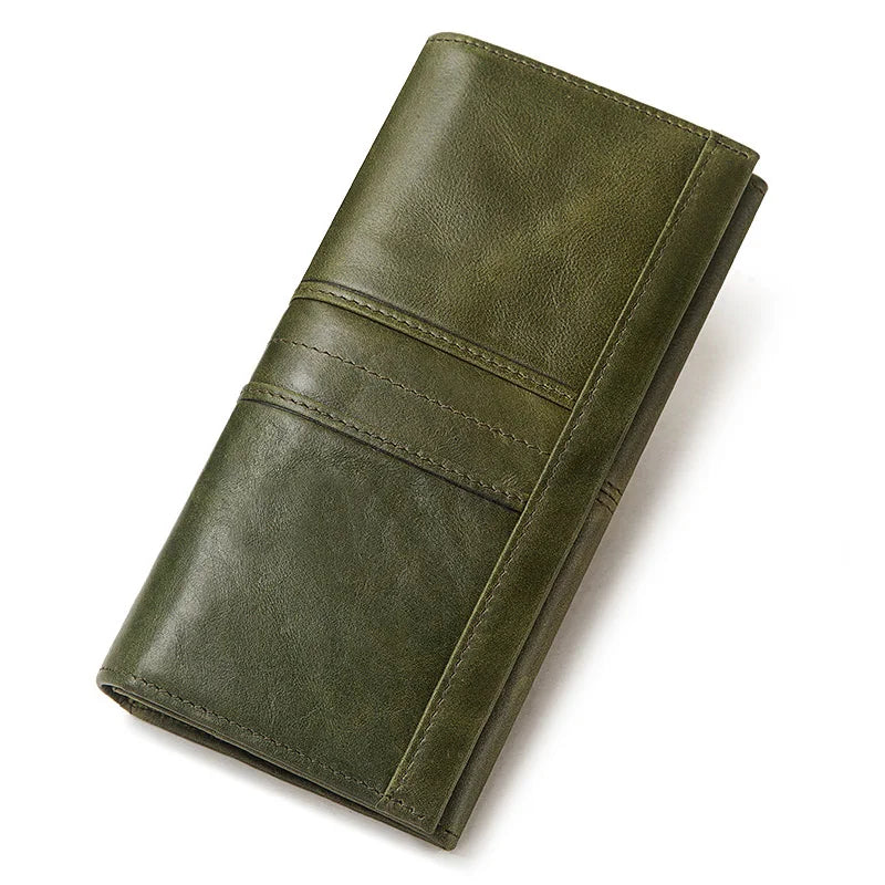 A dark olive green genuine leather clutch wallet folded and displayed on a white background.