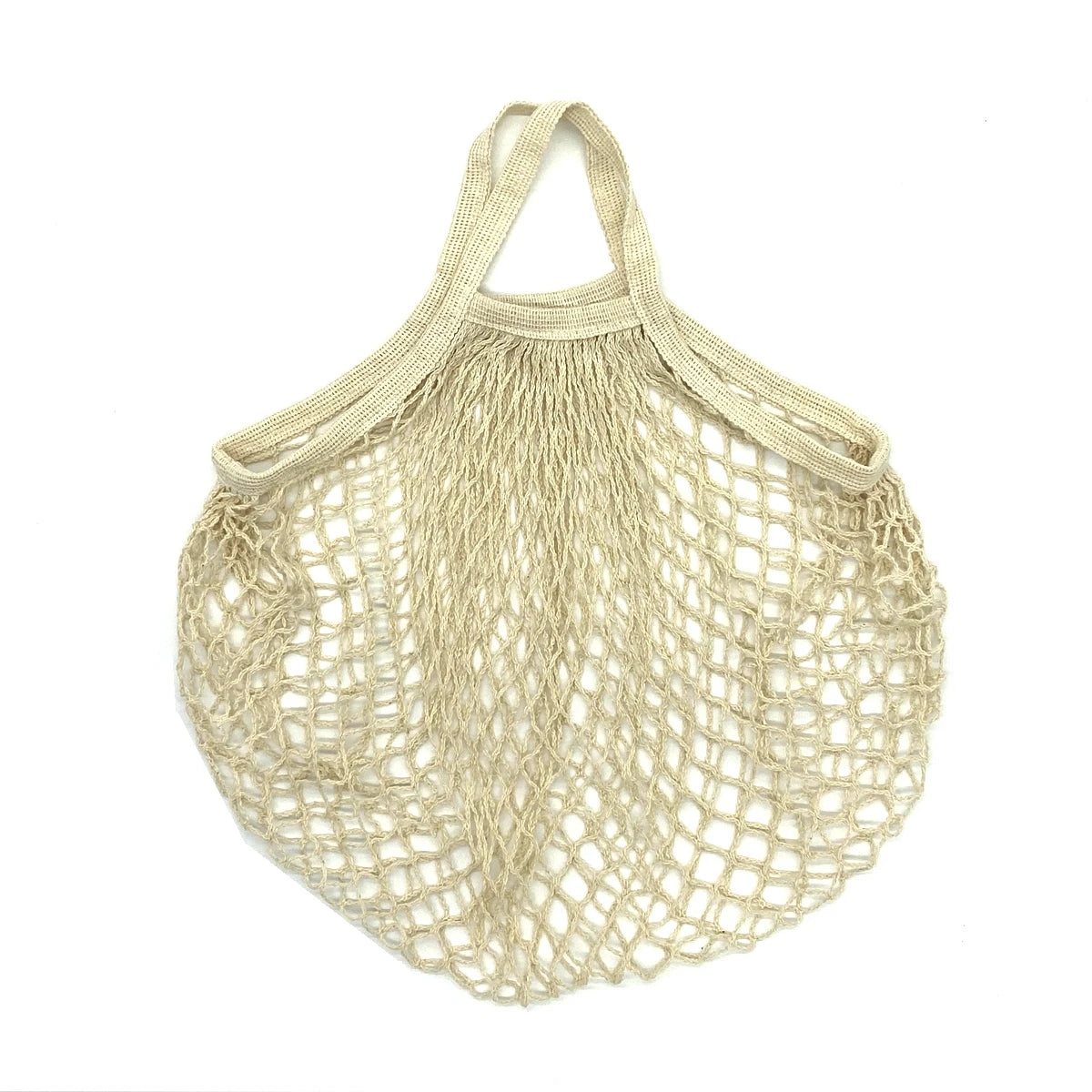 A beige reusable organic cotton mesh grocery tote bag with a drawstring top.