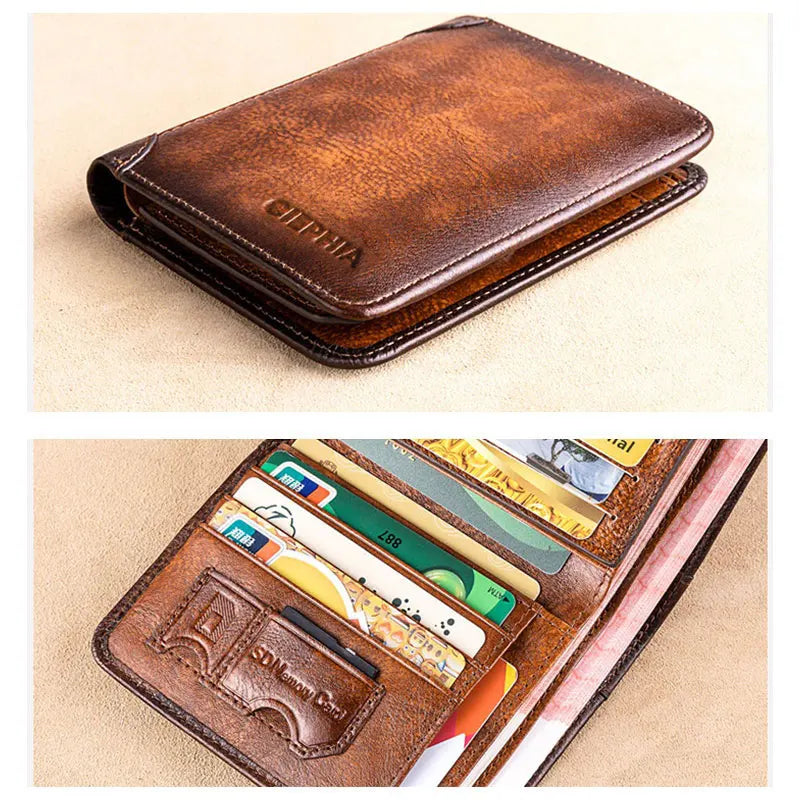 A brown genuine leather RFID blocking wallet is shown open, displaying several cards and cash.