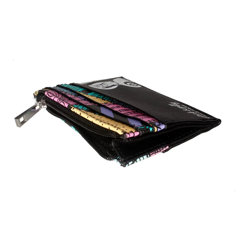 A black compact PU leather wallet with a zipper and multiple colored card holders.