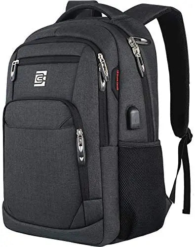 A black business travel laptop backpack with multiple compartments and straps.