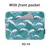 A teal and white patterned laptop sleeve with a front pocket, designed for a MacBook Pro.