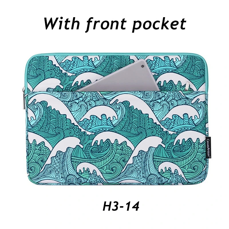 A teal and white patterned laptop sleeve with a front pocket, designed for a MacBook Pro.