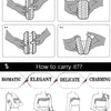 Instructions showing how to open, carry, and use a beaded chain shoulder clutch bag.