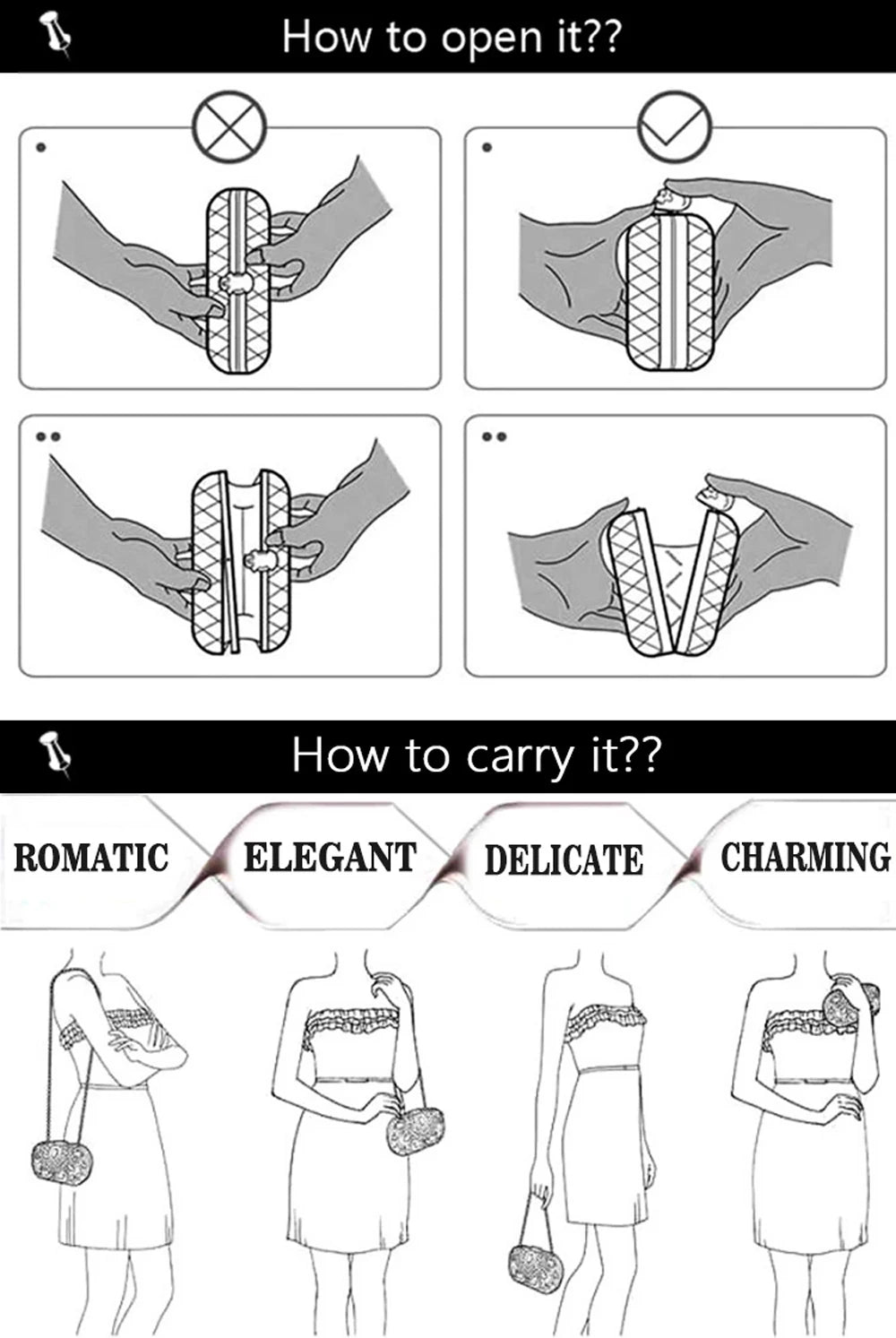 Instructions showing how to open, carry, and use a beaded chain shoulder clutch bag.