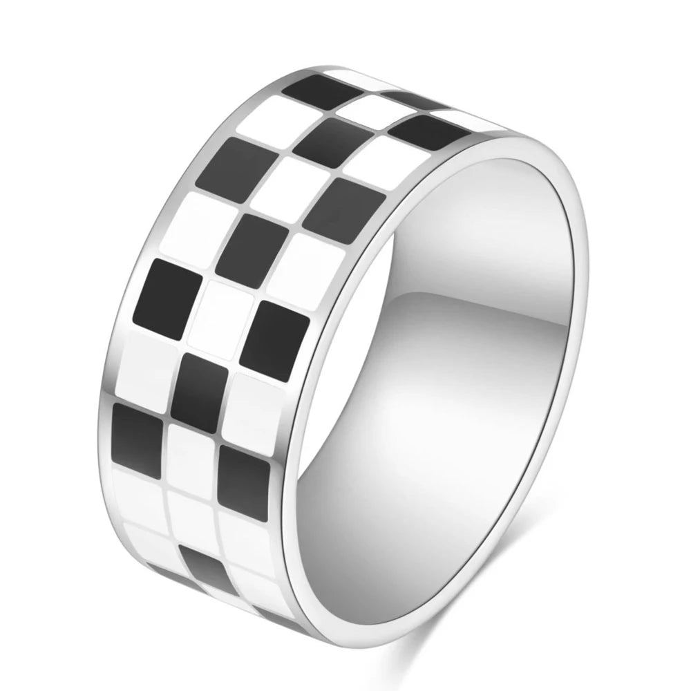 Silver Y2K checkerboard dome rings shown on a white background.
