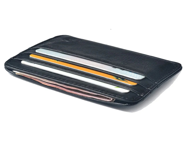 Black genuine leather slim card holder wallet with multiple slots for cards and cash