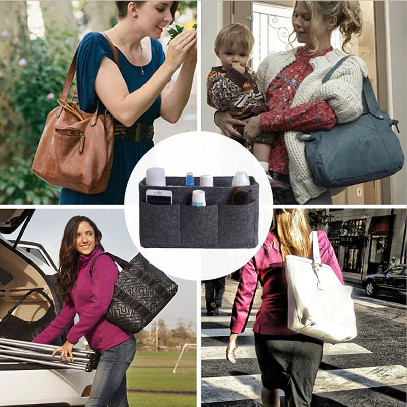 A woman holds a portable felt cosmetic organizer pouch for handbag in an outdoor setting.
