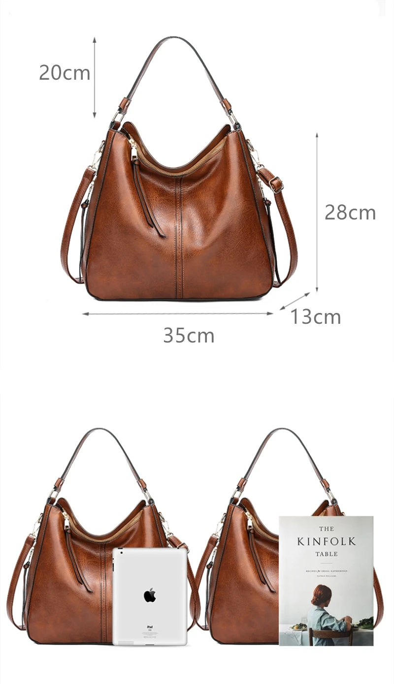 A brown vintage faux leather hobo shoulder bag shown with a white Apple iPhone.