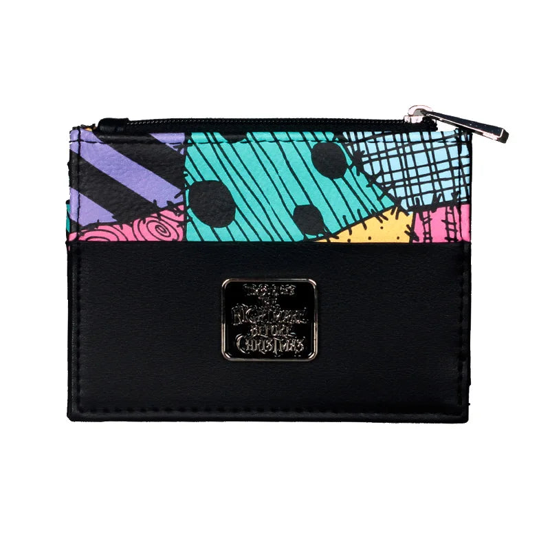 Black compact PU leather wallet with a zipper closure and colorful patterned fabric accents.