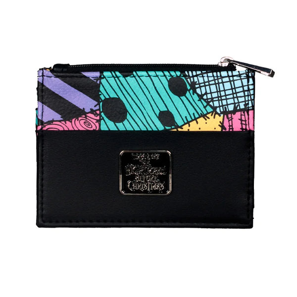 Black compact PU leather wallet with a zipper closure and colorful patterned fabric accents.