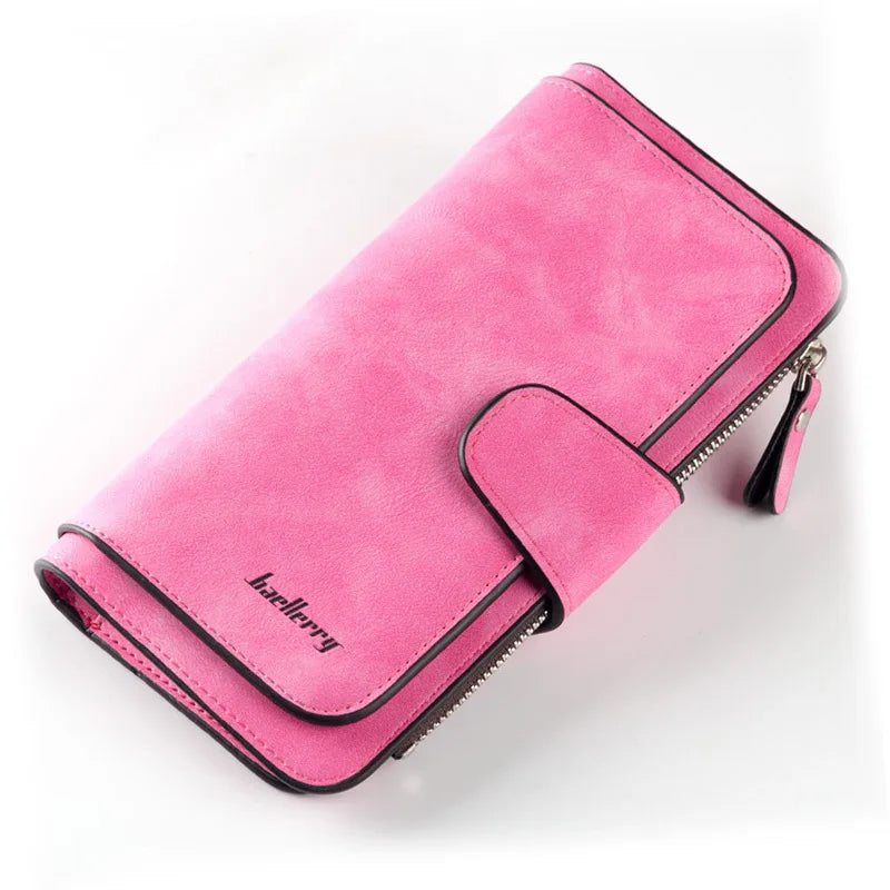 A pink elegant PU leather card holder wallet with a zipper closure is shown diagonally.