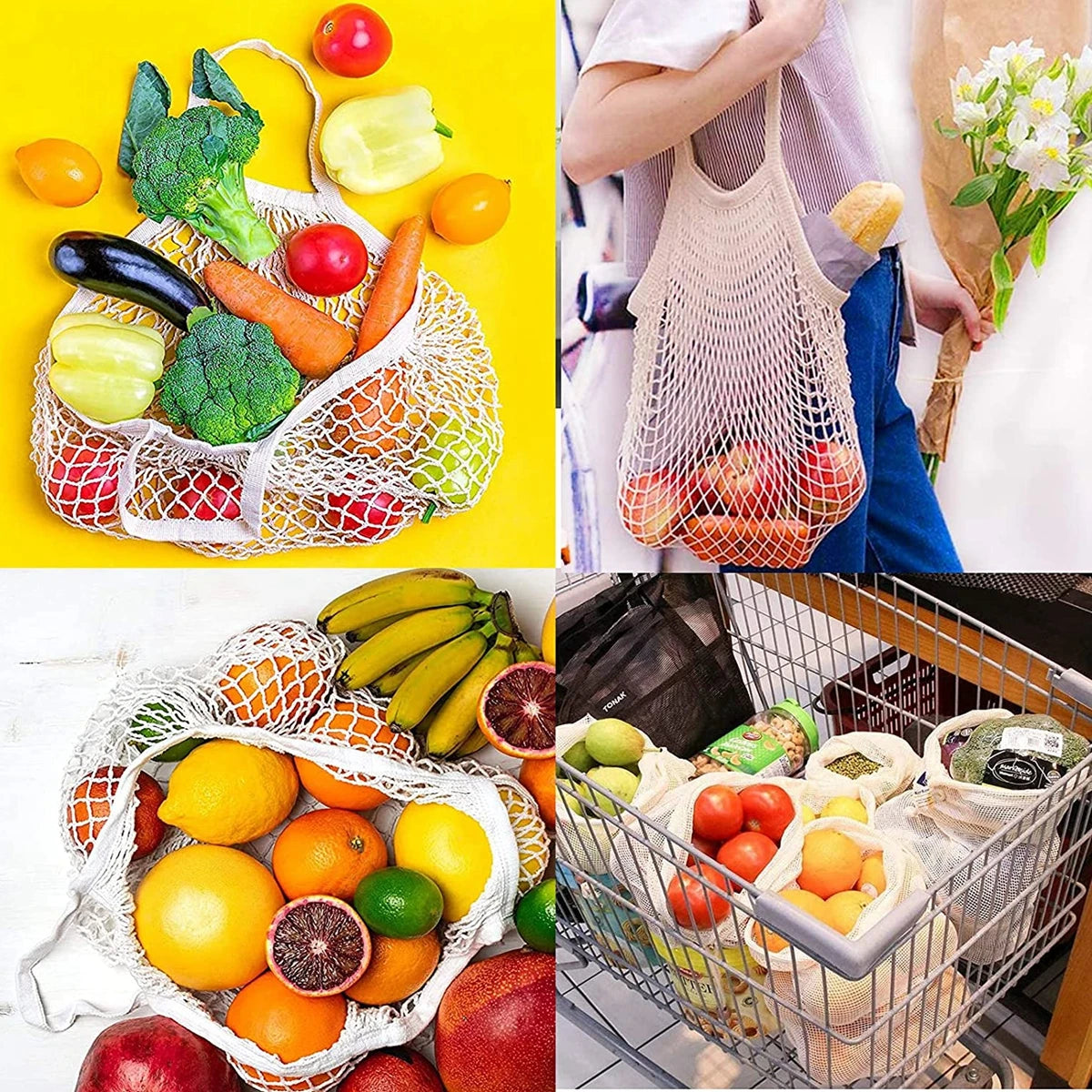A collection of fresh fruits and vegetables displayed in a reusable organic cotton mesh grocery tote bag.