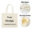 Una bolsa de tela beige con cremallera, mostrando opciones para tu diseño, logo, foto o texto.