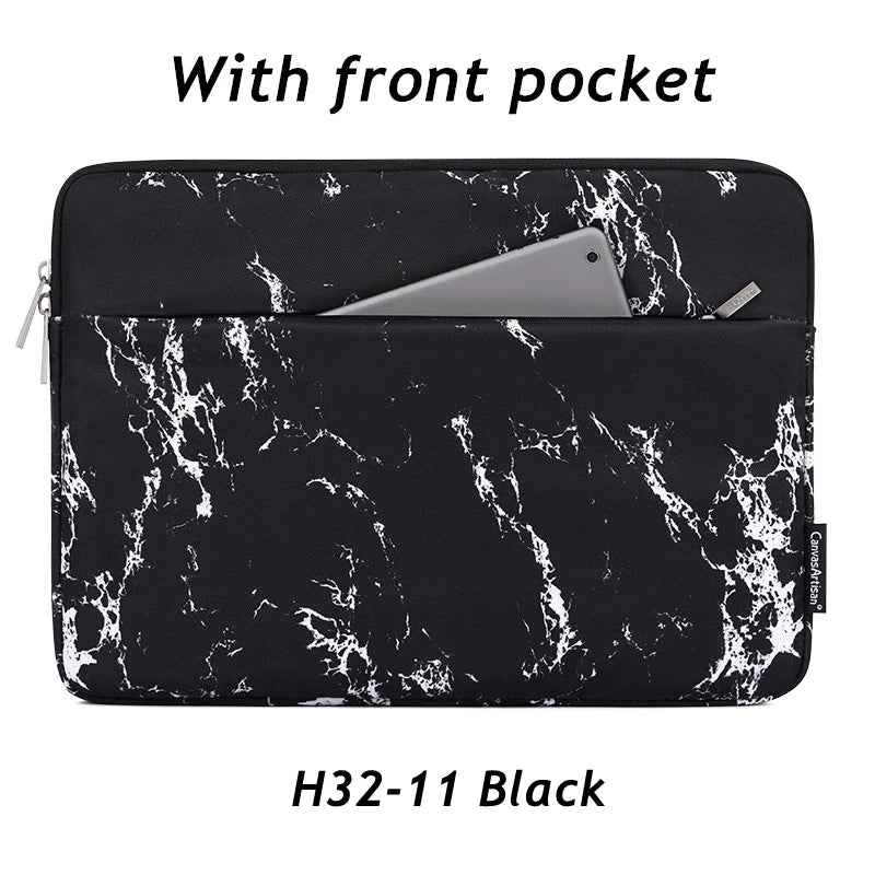 Black marble patterned laptop sleeve with a front pocket for an H32-11 model.