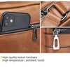Close-up view of a brown PU leather crossbody bag showing texture hardware and a smartphone inside.