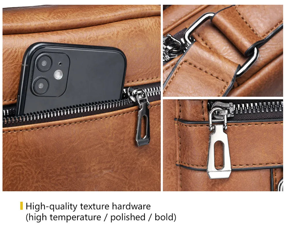 Close-up view of a brown PU leather crossbody bag showing texture hardware and a smartphone inside.