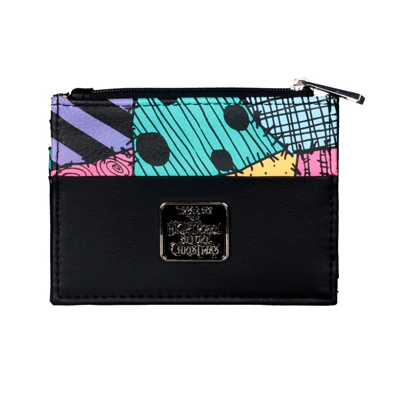 A black compact PU leather wallet with a zipper closure and colorful patterned fabric accents.